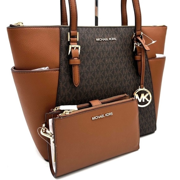 Michael Kors Large Charlotte Tote Bag & Large Double Zip Wallet Brown (NWT) - Picture 1 of 14